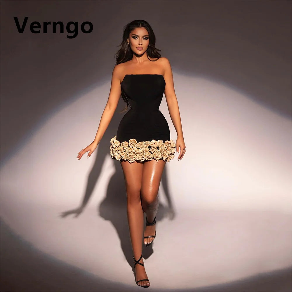 Verngo Black Velvet Mini Party Dress 3D Flower Short Prom Gowns Simple Birthday Dress For Women Classic Formal Gown Customized